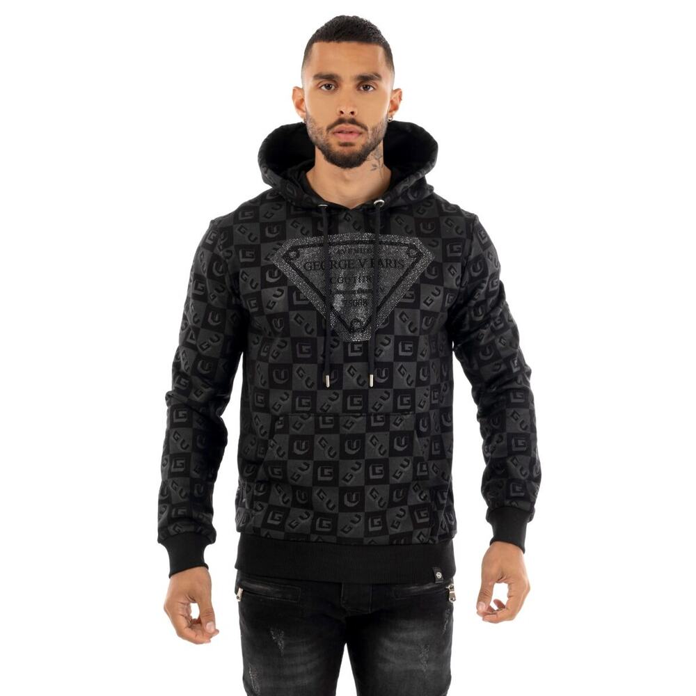 Avenue George V Paris Men's Rhinestone Logo All Over Print Hoodie Sweatshirt